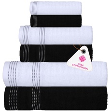 Casa Copenhagen Elegance 6-teiliges Handtuchset, Schwarz + Weiss, 550 g/m2, 2 Badetücher, 2 Handtücher, 2 Waschlappen aus weicher ägyptischer Baumwolle für Badezimmer, Küche und Dusche