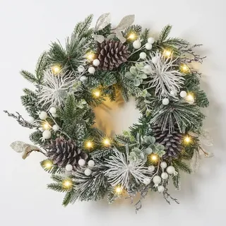 Valery Madelyn 46 CM/18 Zoll Weihnachtskranz Groß für Haustür Türkranz mit Tannenzapfen Beeren, Adventskranz 20 mit LED Timer für Weihnachtsdeko Tisch, Silber Weiß