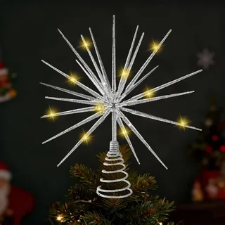 Weihnachtsbaumspitze mit 20 LED Christbaumspitze Stern Weihnachts Ornament Topper Stern Christbaumspitze für Indoor Weihnachten Baumschmuck(Silber)