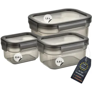 Engelland - 3er Set Aufbewahrungsdosen mit Deckel, luftdicht, auslaufsicher, stapelbar, Vorratsdose, BPA-frei, Kunststoff, verschiedene Größen, 0,4 L / 0,8 L / 1,5 L, transparent-grau