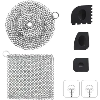 Gusseisen Reiniger 316 Edelstahl Ringreiniger und Quadratisch Set mit 3 Schaber 2 Klebriger Haken, Effektive Reinigung für Dutch Oven Zubehör & Speisereste, für Woks, Grillpfannenoder, Teekanne Glas