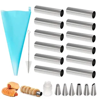 mizikuu 12 Stück Cannoli Backform, CannoliTubes aus Edelstahl Mit 9 Zubehör Schaumrollenform Antihaft Cannoli-Form Backform Hörnchen mit Reinigungsbürst für Cannoli Kuchen Sahnehorn