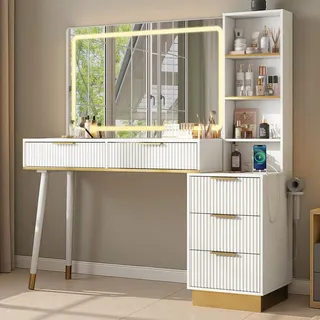 Schminktisch mit LED-Spiegel und USB-Anschluss, 5 Schubladen, Glasplatte, 122x40x137 cm