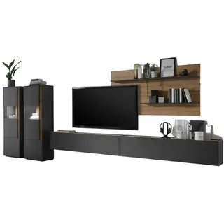 Furn.Design Wohnwand 5-teilig grau matt, Eiche Wotan 440 cm, Schrankwand mit XXL-TV-Schrank , Holz , Nachbildung,Eiche , Uni, Holz Optik , 6 Fächer , 440x180x40 cm , Wohnzimmer, Wohnwände