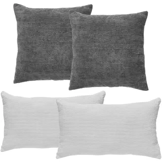 andiamo Kissen-Set Emy in Cord-Optik - Sofakissen mit Füllung Bezug - Zierkissen Set Dekokissen Kopfkissen - 2X 40 x 40 cm in dunkelgrau + 2X 30 x 50 cm in weiß