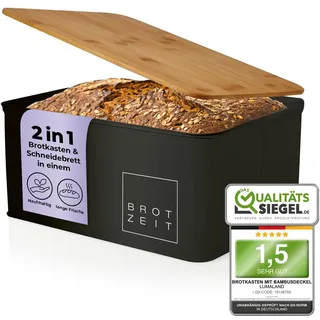 Lumaland Cuisine Brotkasten | Brotdose aus Metall mit Bambus Deckel | Brotbox rechteckig 30,5 x 23,5 x 14 cm | 2in1 Brotbehälter & Schneidebrett [Schwarz]