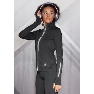 Laufjacke LASCANA ACTIVE, Damen, Gr. M (40/42), schwarz, Obermaterial: 87% Polyester, 13% Elasthan, unifarben, bequem hüftlang, Bündchen mit Daumenlöchern, Jacken Laufjacke, Thermo mit reflektierenden Details, Topseller