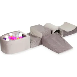 Schaumstoffspielplatz mit Brücke und Pool Micro Velvet lila + 100 Bälle: lila, rosa, gelb, weiß, transparent