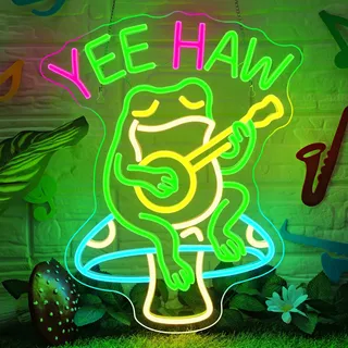 SIGNSHIP Frosch Neon Schild für Wanddeko Led Schild Gitarre Frog USB Betrieben Neon Sign Dimmbar YEE HAW Leuchtschild mit 6 Ebene für Schlafzimmer, Wohnzimmer, Musikecke, Bar, Vintage-Laden, Party