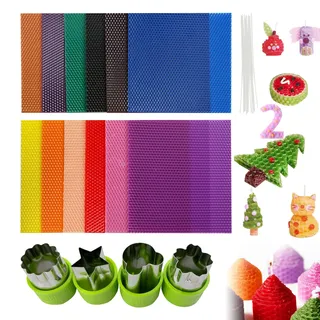 CoolCrafts 12 Stück Bienenwachsplatten Bunt 20x20 cm Bienenwachsblätter mit Dochten für die Kerzenherstellung