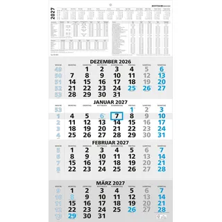 4-Monatskalender blau 2027: Wandkalender 33x59 cm mit 4 Monaten pro Blatt, Datumschieber, Wochenzählung, Feiertagen & Ferien ideal für Büro & Homeoffice