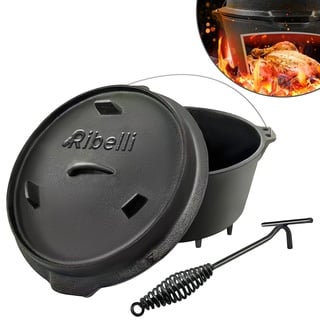 Ribelli BBQ Dutch Oven mit Füße [ca. 9,5 Liter], Feuertopf aus schwarzem Gusseisen, Kochtopf Bräter mit Henkel, Bereits Eingebrannt, Grilltopf mit Deckelheber