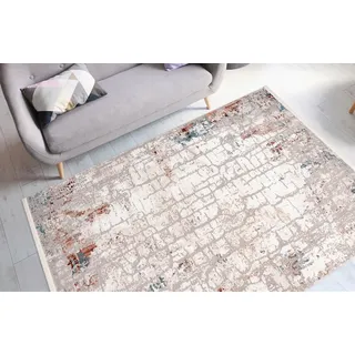 Teppich CALO-DELUXE "Miran 135" Gr. 2, rosa (lachs, grau), B:80cm H:12mm L:150cm, Kunstfaser, Teppiche, Teppich, Vintage Design, mit Fransen, Wohnzimmer