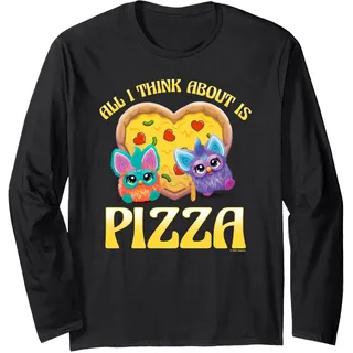 Furby All I Think About is Pizza! Happiest Duo Loving Pizza Langarmshirt, Unisex für Erwachsene, Schwarz, S