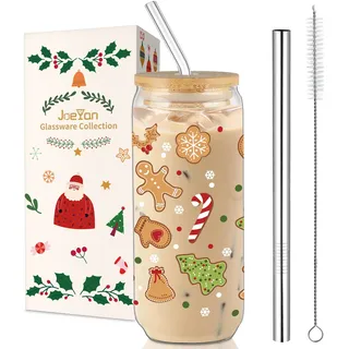 Joeyan 600ml Weihnachtsgläser,Weihnachten Lebkuchenmann Trinkgläser mit Deckel und Strohhalm,Weihnachtsbecher für Matcha Eiskaffee Smoothie Bier,Schöne Weihnachtsgeschenke für Frauen,Kinder,Kollegen