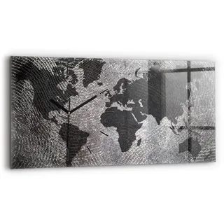 Wallfluent Wanduhr – Stilles Quarzuhrwerk - Uhr Dekoration Wohnzimmer Schlafzimmer Küche - Zifferblatt mit Strichen - schwarze Zeiger - 60x30 cm - Weltkarte Beton - Grau