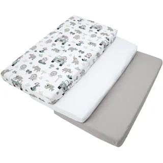 Medi Partners Spannbettlaken 60x120 3-Pack Baby Bettlaken Kinderbett Spannbetttuch 100% Baumwolle - Fitted Kinder Sheet Bettwäsche Babymatratze Schlafsack Babybett (Mint Zoo-Weiß-Graue)