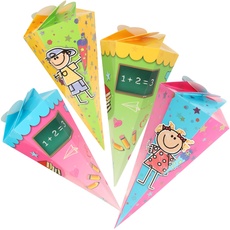 com-four® 4X Schultüte 30cm, Geschwisterschultüten aus Pappe, Faltbare Zuckertüte für die Einschulung zum Schulanfang, Geschenkverpackung für Schulanfänger (4 Stück - Kinder + Schulsachen)