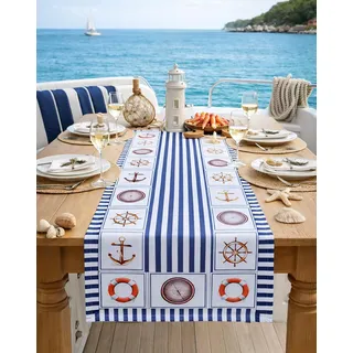 KAMACA Tischläufer Maritim – 40x140 cm mit Leuchtturm & Anker Motiv – Blau-Weiße Tischwäsche für Küche & Garten – Waschbar & Robust – Läufer für Sommer-Dekoration