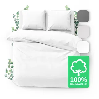 JACOBSON Bettwäsche 155x220 Set - 100% Baumwolle Bettbezug 155x220 cm + 2 Kissenbezüge 80x80 cm, Perkal Bettwäsche 3-teilig mit Reißverschluss (155x220cm, Weiß, 3-teilig)