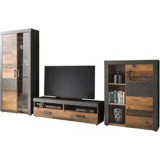 trendteam smart living - Indy - Wohnwand - Eiche/Grau - Anbauwand mit Stauraumvitrine, Stauraumelement, TV-Unterschrank und Wandboard - (BxHxT) 343 x 189 x 40 cm - antikfarbene Griffe