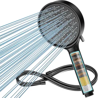 Cobbe Filter Duschkopf mit Schlauch, Cobbe Hochdruck Duschbrause mit 6 Strahlarten, Duschkopf Wassersparend mit Duschschlauch, Handbrause mit Filter Gegen Kalk für Hartes Wasser, Chlor Schwarz