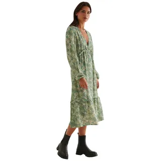 NA-KD Damen Ballonärmel Midi Rüschen Kleid Casual, Grün/Blumen, 38