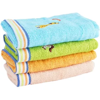 4 Stück Kinderhandtuch Weiche, Kinder Waschlappenhandtücher aus Baumwolle 25x50 cm Wiederverwendbares Kinder Badetücher Tiere Bestickte Cartoon Baby Handtücher für Hand Gesicht Füße Dusche Sabbern