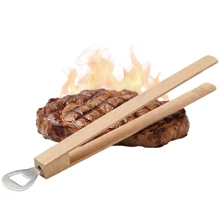 Grillzange mit Flaschenöffner 2in1 und gezahnten Greifflächen für optimalen Halt - Grillzange Holz 35 cm beeinflusst den Geschmack der Speisen nicht