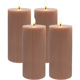 Relaxdays LED Kerzen, 4er Set, HxD: 18 x 7,5 cm, flackernde Flamme, Echtwachs, Rillen, flammenlose Blockkerzen, Altrosa