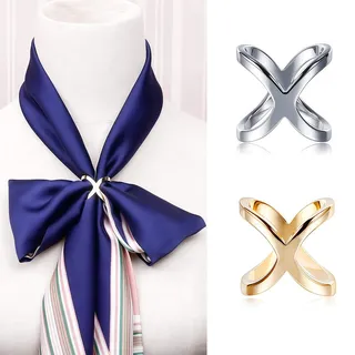 2 x modische Damen-Seidenschal-Clip-Ring, elegant, X-Form, für Schal, Halstuch, Bluse, Kleidung, Verschlussring zum Verzieren von Zubehör für Damen und Mädchen (Gold + Silber)