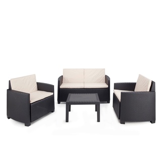 Dmora - Outdoor-Lounge-Set Sassari, Gartenkomposition mit 2 Sesseln, 1 Sofa und 1 Couchtisch, Lounge in Rattan-Optik mit Kissen, 100 % Made in Italy, Anthrazit