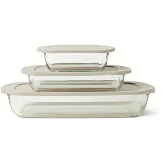Amazon Basics Glas-Backformen mit BPA-freien Deckeln, 6-Teiliges Set, Borosilikatglas, Spülmaschinen- und Ofenfest, Leinengrau