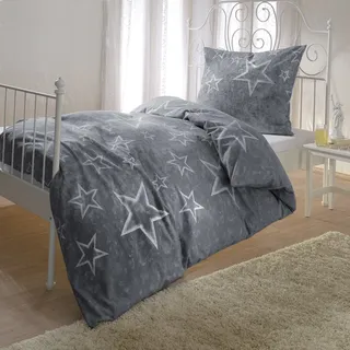 G BETTWARENSHOP Biber Bettwäsche Sterne anthrazit – warme Winterbettwäsche aus 100% Baumwolle – flauschig weich & atmungsaktiv – Kuschelbettwäsche mit Reißverschluss – 135x200 cm + 80x80 cm