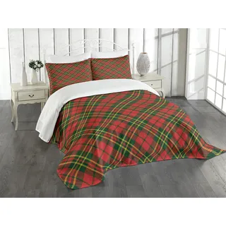 ABAKUHAUS Kariert Tagesdecke Set, Irish Tartan Weihnachten, Set mit Kissenbezügen Waschbar, für Doppelbetten 220 x 220 cm,Smaragdgrün Gelb