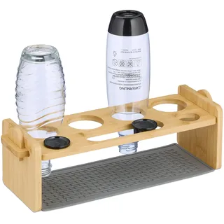 Relaxdays Flaschenhalter kompatibel mit Sodastream-Flaschen, Bambus, Silikon-Abtropfmatte, 4er Abtropfhalter, Natur/grau