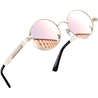 Joopin Hippie Sonnenbrille Herren Rund Polarisiert Steampunk Brille Vintage Retro Driving Sunglasses und Runde Sonennbrille Damen Rosa Verspoegelt mit UV400-Schutz(Gold Rosa)