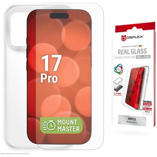 Displex Displayschutzglas "Real Glass Screen Protector + Case mit EASY-ON MountMaster" für Apple iPhone 17 Pro Displayschutzfolie, Schutzfolie, Bildschirmschutz, kratz- & stoßfest, transparent