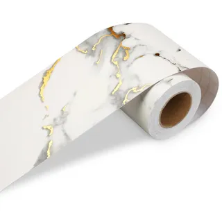 LACHEERY Bordüre Selbstklebend Gold Marmor Tapetenbordüre Weiß Marmoroptik 7.6cm x 500cm Wandbordüre Selbstklebende Fensterbank Folie Marmor Wasserdicht Folie Möbel Weiß Bordüre Für Wande