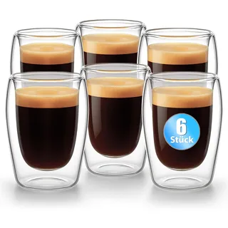 BigDean 6 Stück doppelwandige Espressotassen 80 ml in Gastro-Qualität - Espressotassen Set in Geschenkverpackung - Transparent