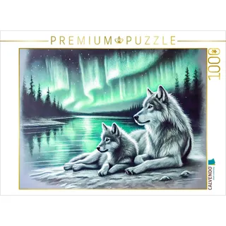 Calvendo Puzzle Zwei Wölfe am Seeufer Kohlezeichnungen mit Nordlichtern in sanften Pastelltönen | 1000 Teile Lege-Größe 64 x 48 cm Foto-Puzzle für glückliche Stunden