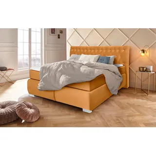 LEONIQUE Boxspringbett LEONIQUE "Rumba", gold (goldfarben), B:170cm L:213cm, Samtoptik (100% Polyester), Komplettbetten, Boxspringbett Seniorenbett Polsterbett, Taschenfederkern-Matratze in Härtegrad 3, in 4 Breiten, incl. Topper