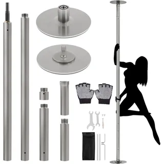 Yaheetech Tanzstange 45 mm, Pole Dance Stange 225 cm bis 274,5 cm Höhenverstellbar, Strip Stange Statisch oder Spinning Silbern