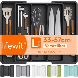Lifewit Besteckkasten für Schubladen, Großer Utensilienständer Erweiterbar auf 57 cm, verstellbarer Kunststoff Organizer Küche Tiefe 38 cm, Besteckeinsatz für Messer/Gabel, Schwarz