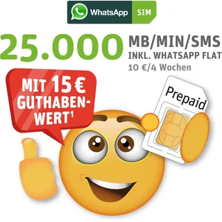 WhatsApp SIM Prepaid - Starterpaket mit 15 EUR Guthabenwert, ohne Vertragsbindung, Option mit 25.000 Einheiten (MB/MIN/SMS), Surf-Geschwindigkeit: 50 MBit/s 5G