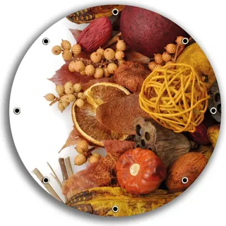 Wallario rundes Outdoor-Poster für Garten oder Balkon, Motiv Herbststimmung - Trockenfrüchte, Nüsse und Samen - Herbstdeko, 30 cm Durchmesser - Weiß