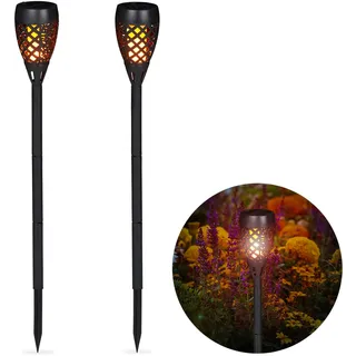 Relaxdays Gartenfackel Solar im 2er Set, Außenbeleuchtung für Garten, tanzende Flamme, mit Erdspießen, H: 78 cm, schwarz