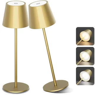 Aipsun 2 Stück dimmbare led akku tischleuchte Mattes Gold, 6000mAh, Tischlampe Kabellos, Warmweiß(2700k-6000k), IP54,Outdoor Tischlampe für Restaurant, Schlafzimmer, Bar