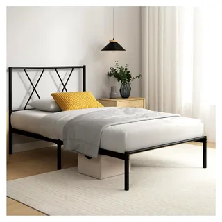 Elias Bettgestell 90 x 200 cm mit modernem Kopfteil - Metallbett 90x200 mit Lattenrost - 30 cm hohe Plattform mit Freiraum darunter - kein Boxspringbett erforderlich - Schwarz - Schwarz