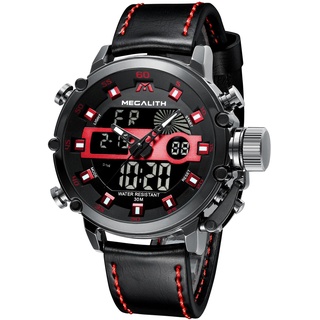 MEGALITH Uhren-Herren Militär Digitaluhr Sportlich - Armbanduhr Herren 45mm Groß Zifferblatt Wasserdicht LED Uhren fur Männer Schwarz Leder Stoppuhr Wecker Kalender